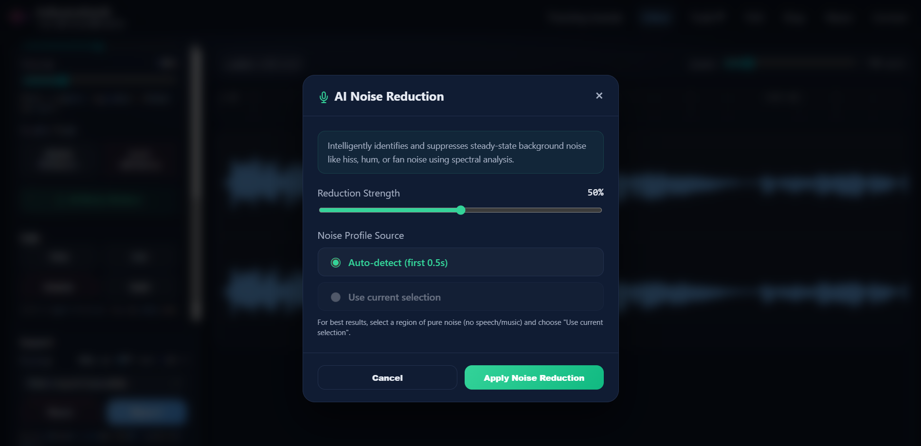 AI Noise Reduction dialog showing before and after noise removal