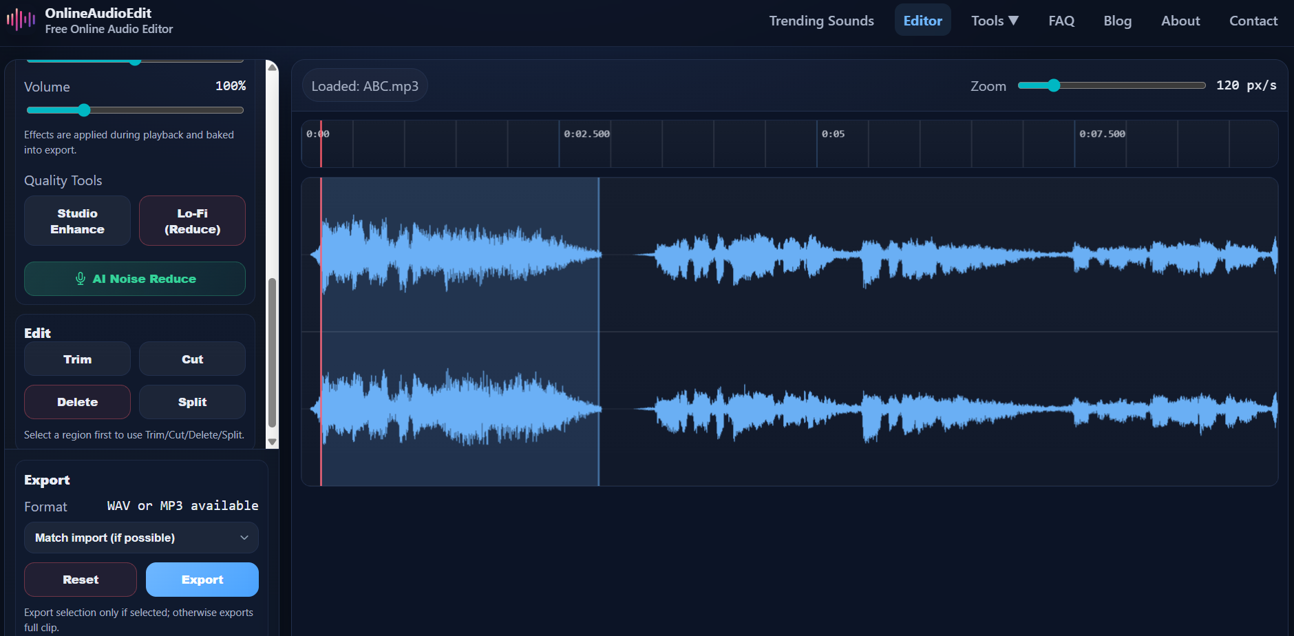 Audio waveform with a section highlighted for cutting in OnlineAudioEdit