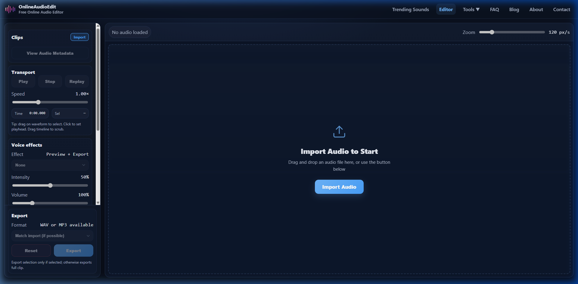 OnlineAudioEdit editor interface for podcast audio cleanup