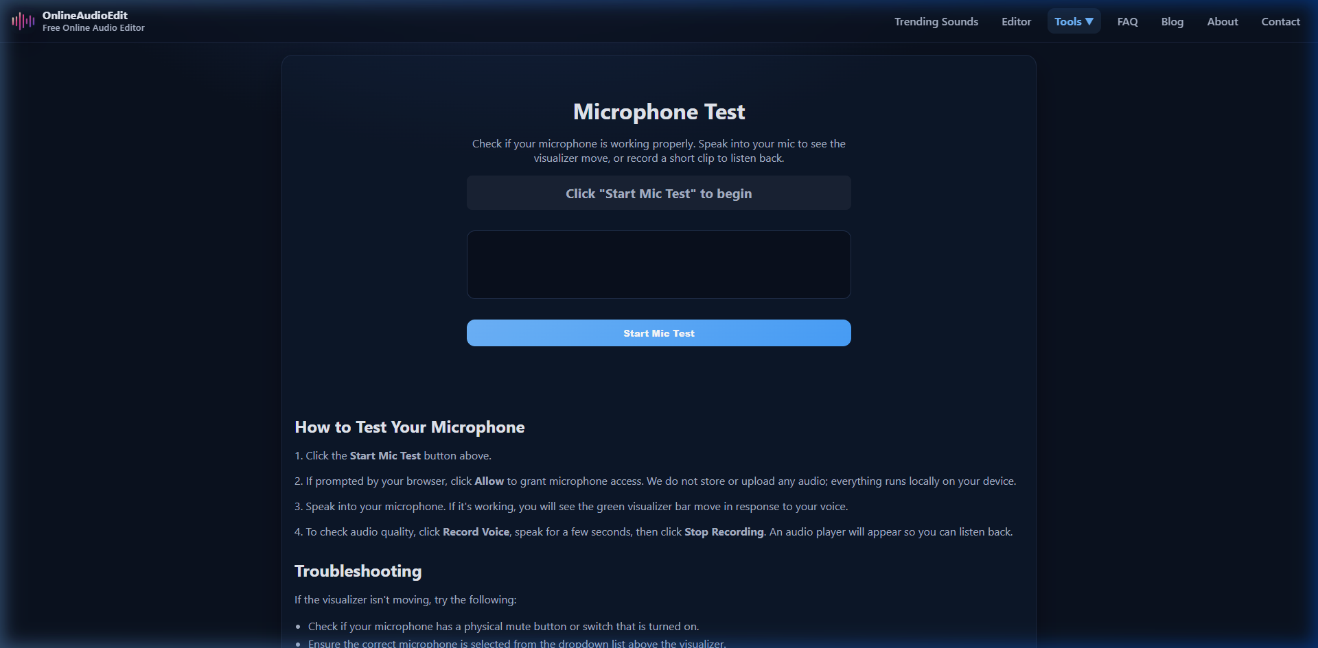 Microphone test tool for checking audio input before recording