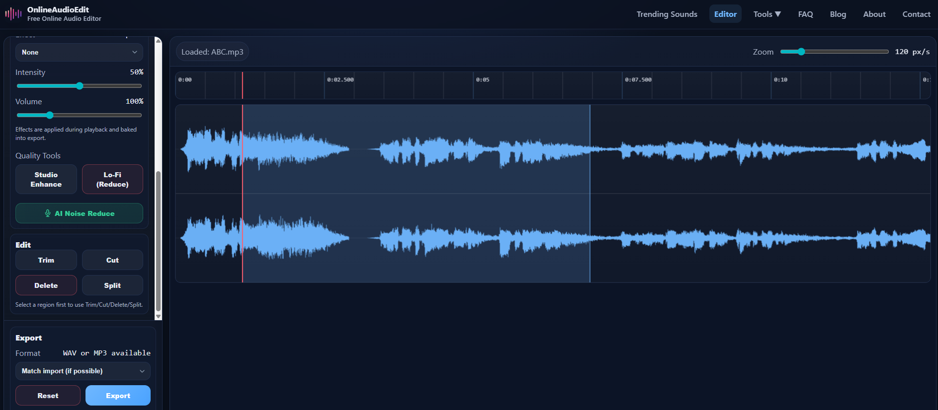 OnlineAudioEdit waveform editor showing a selected audio region being trimmed